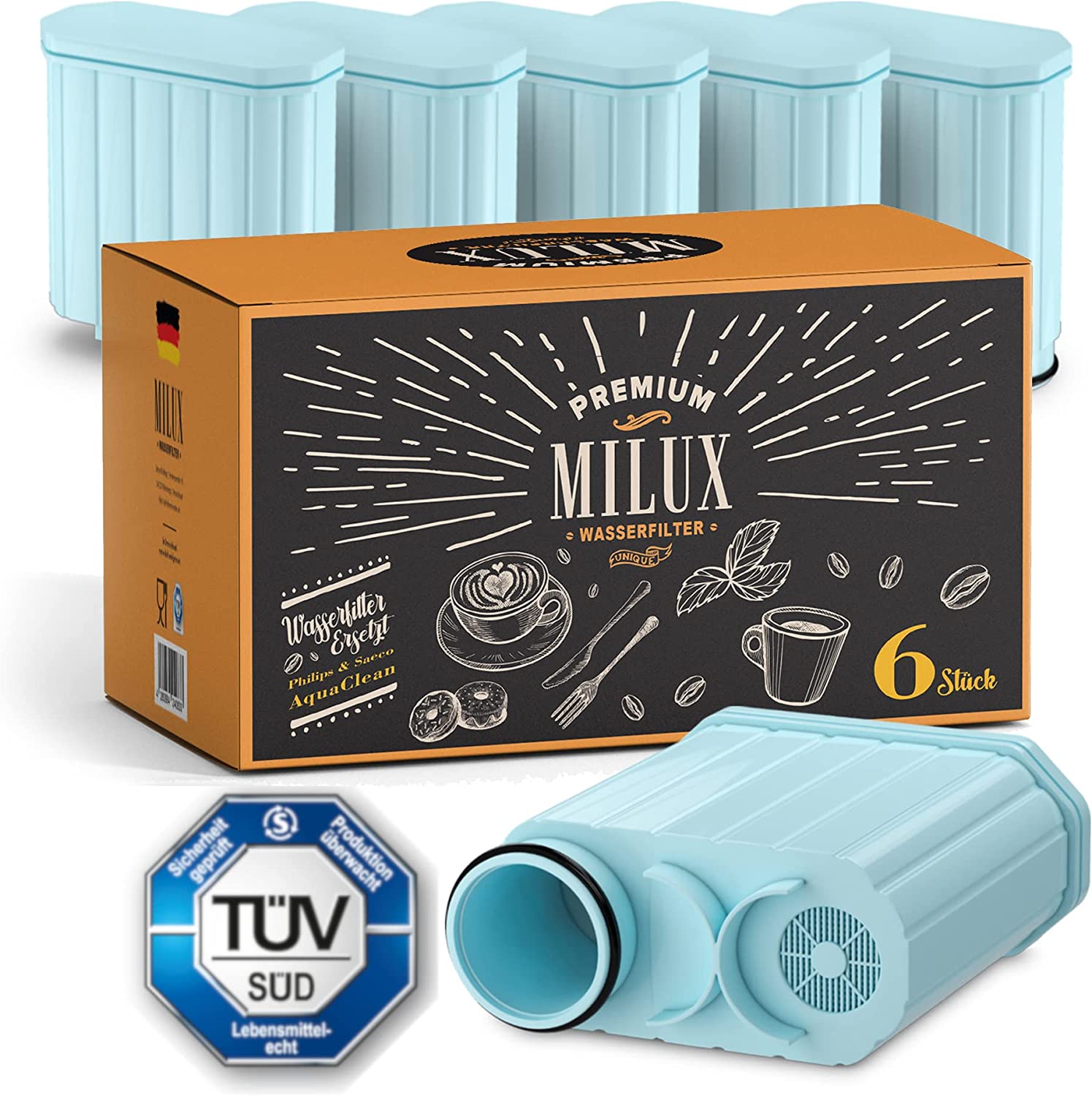 Milux Water Filter for Philips & Saeco AquaClean, TÜV Certified, Pack of 6