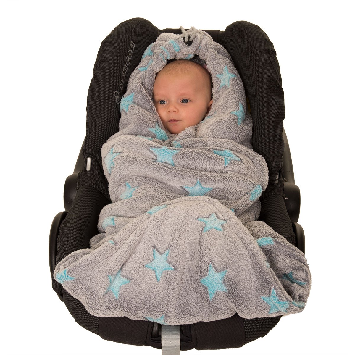 HOPPEDIZ Fleece Blanket for 3 & 5 Point Harness Systems Impact / Car / Crawling Blanket Grey/Turquoise with Stars