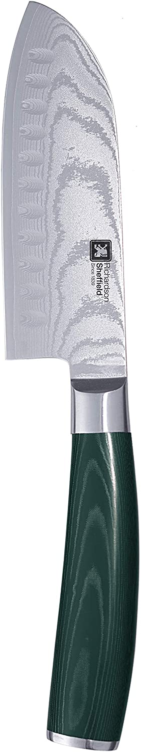 Richardson Sheffield Midori Santoku Damascus Knife 5 Inches, Extremely Sharp & Cut, Kitchen Knife with Scallop Edge, Japanese Knife, AUS-10 Damascus Steel, Micarta, Silver/Green