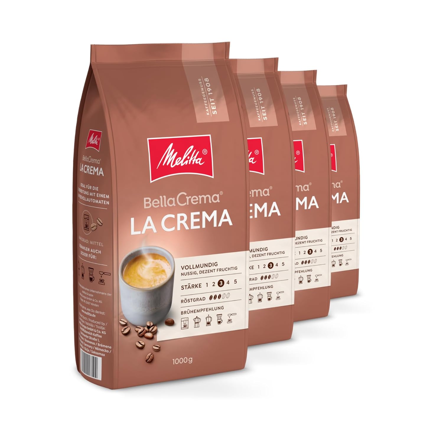 Melitta BellaCrema La Crema Whole Coffee Beans, 4 x 1 kg, Unground, Coffee Beans for Fully Automatic Coffee Machines, Medium Roast, Roasted in Germany, Strength 3, in a Tray