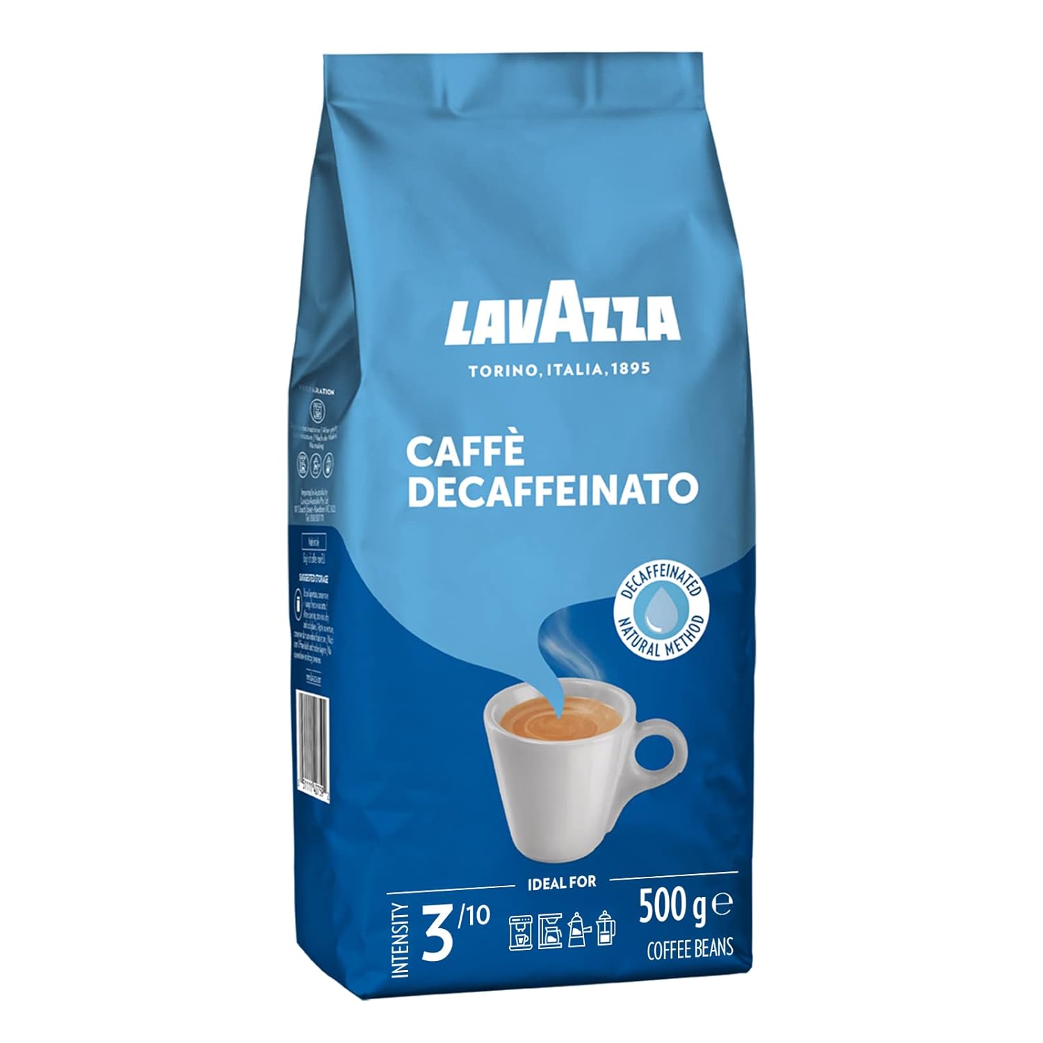 Lavazza, Caffè Decaffeinato, decaffeinated Arabica and Robusta coffee beans, coffee with almond and honey aroma, intensity 3/10, medium roast, 500 g (pack of 1)