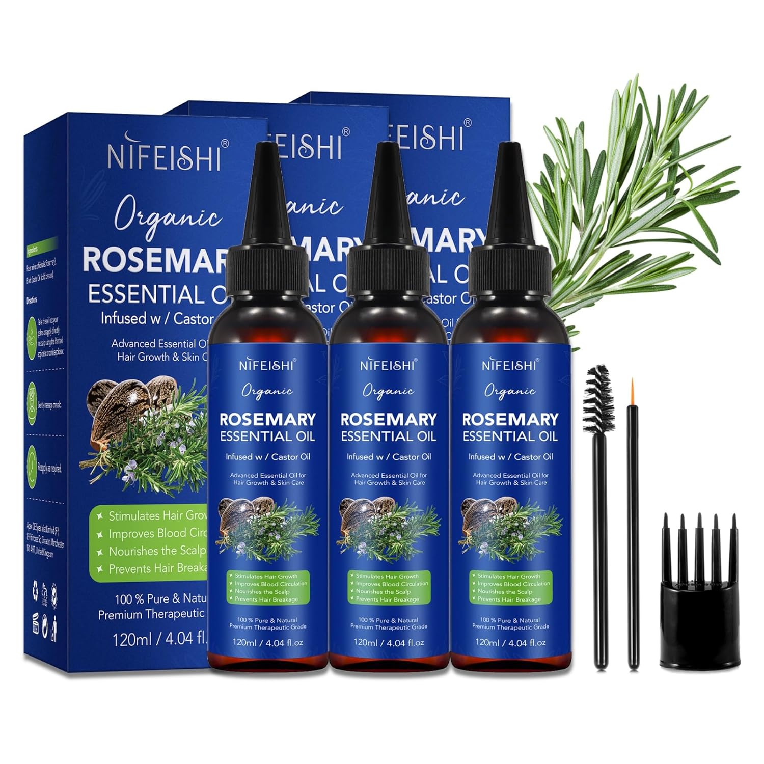 P-Beauty 3 x Rosemary Oil & Castor Oil Hair Growth & Skin Care - Essential Oil 120 ml - Hair Oil, Skin Oil - Face Care, Scalp Care, Hair Care - Moisturising, Anti-Dandruff - Strengthens Hair
