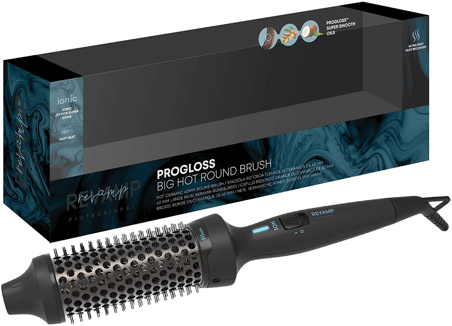 REVAMP Progloss Large Round Brush, Heated Round Air Styler Volume Brush, 40 mm Ceramic Cylinder and Ionic Jet Ion Nozzle for Professional Shine Enriched with Progloss Oils, Black