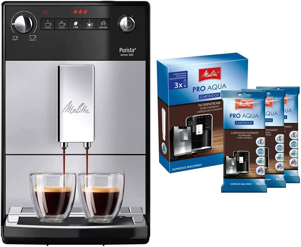Melitta Purista F 230-101 Kaffeevollautomat mit flüsterleisem Kegelmahlwerk silber/schwarz & 224562 Filterpatrone für Kaffeevollautomaten | 3x Pro Aqua | Vorbeugung von Verkalkung | 3 Patronen