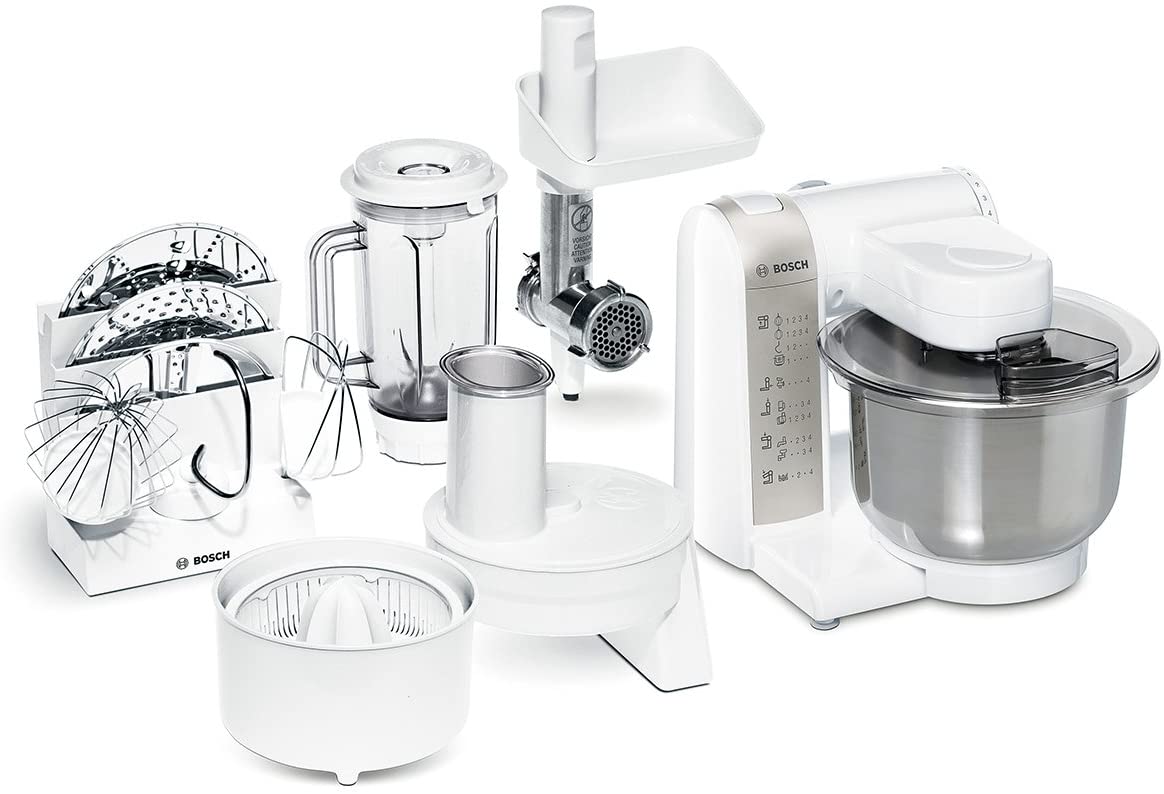Bosch MUM4 MUM4880 food processor (600 W, 3 mixing tools made of stainless steel, dishwasher-suitable, mixing bowl, max amount of dough: 2.0 kg, continuous shredder, blender attachment, mincer, juicer) white
