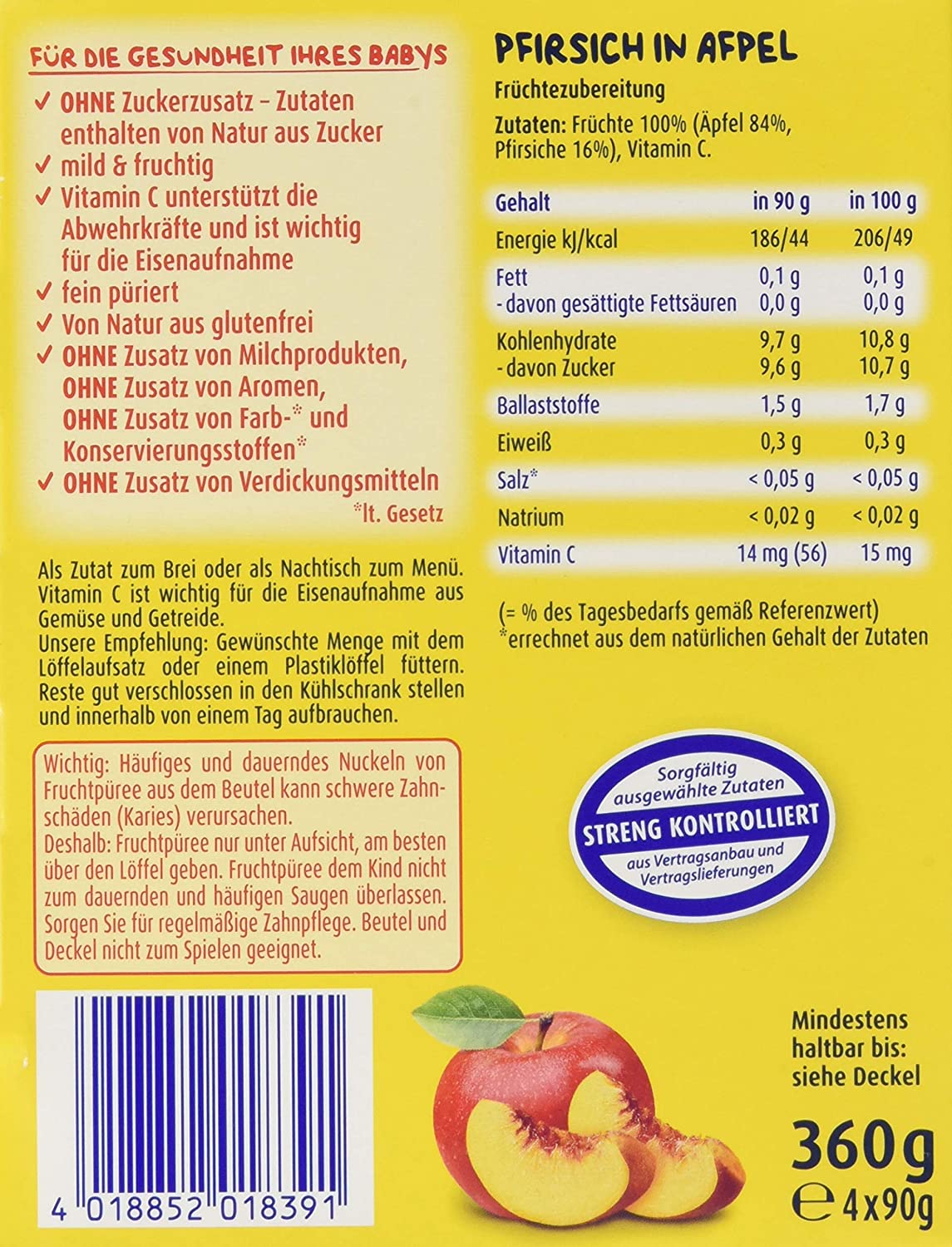 Bebivita Baby Quetschbeutel Pfirsich in Apfel, 4er Pack ( 4 x 4 x 90 g )