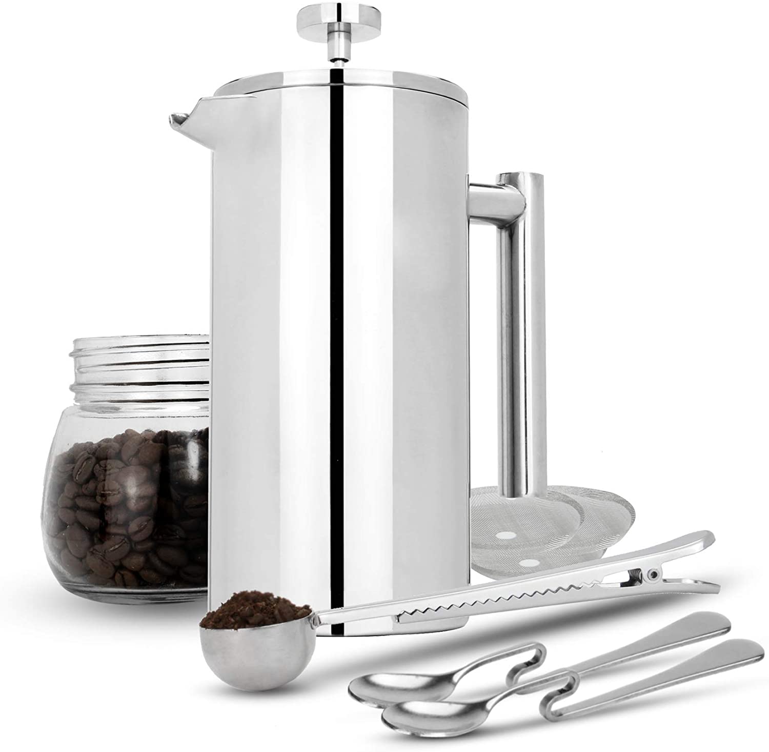 Maison & White M&W French Press Stainless Steel Coffee Maker with Additional Filter/Measuring Spoon/Bag Clip, Double Wall Insulation - 7 Piece Coffee Gift Set, 350ml