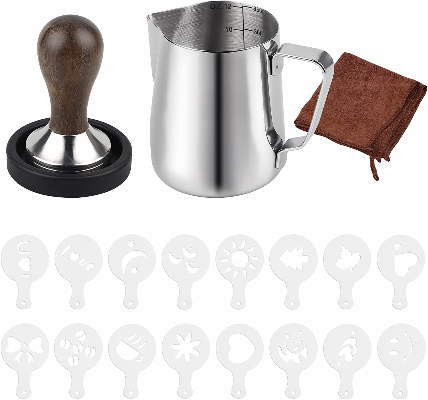 CPROSP Coffee Tamper 51 mm Set, Includes Espresso Coffee Press, Shelf, 330 ml Milk Jug, Cleaning Cloth, 16 x Coffee Stencils