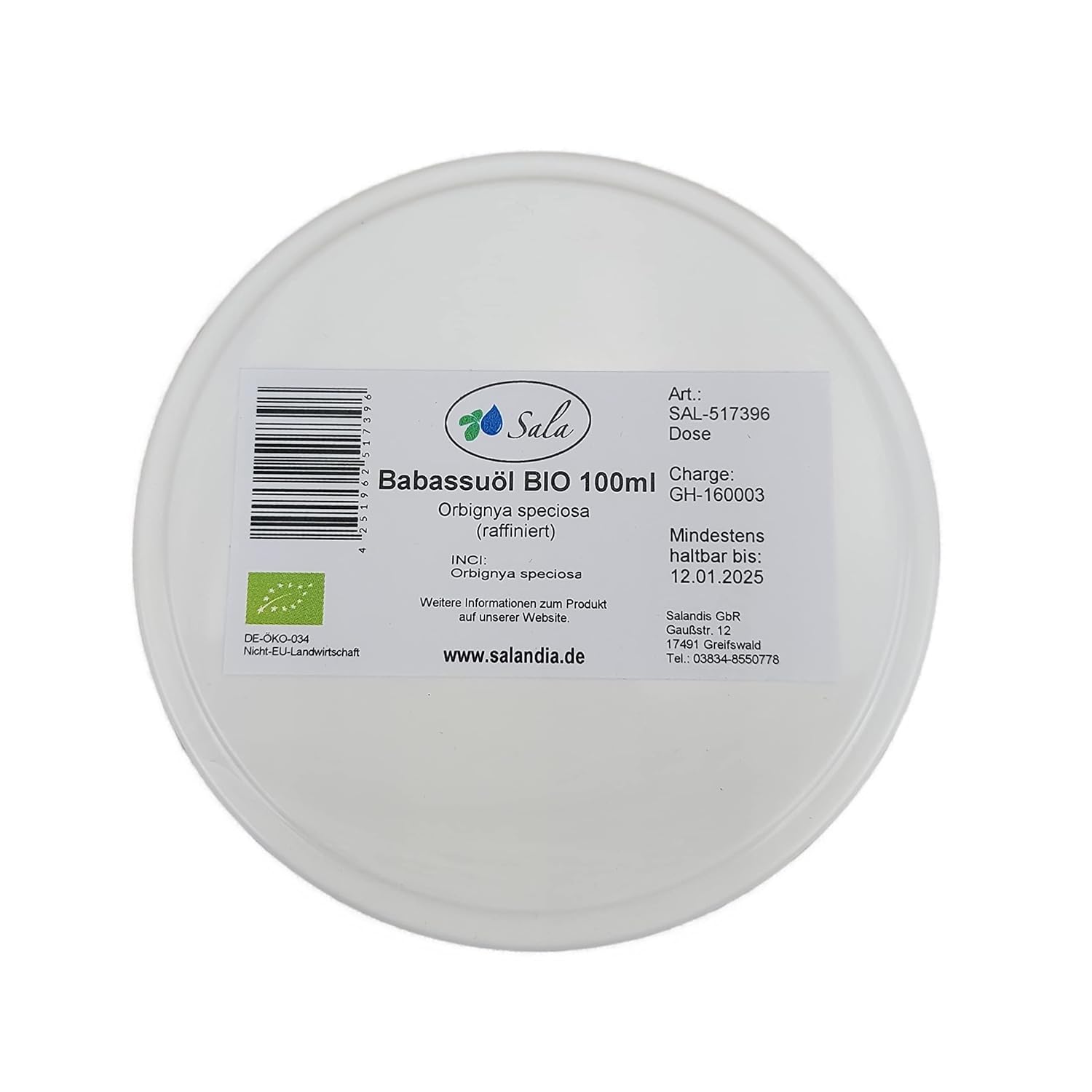 Sala Babassu Oil Refined Food Grade Organic 100 ml Tin