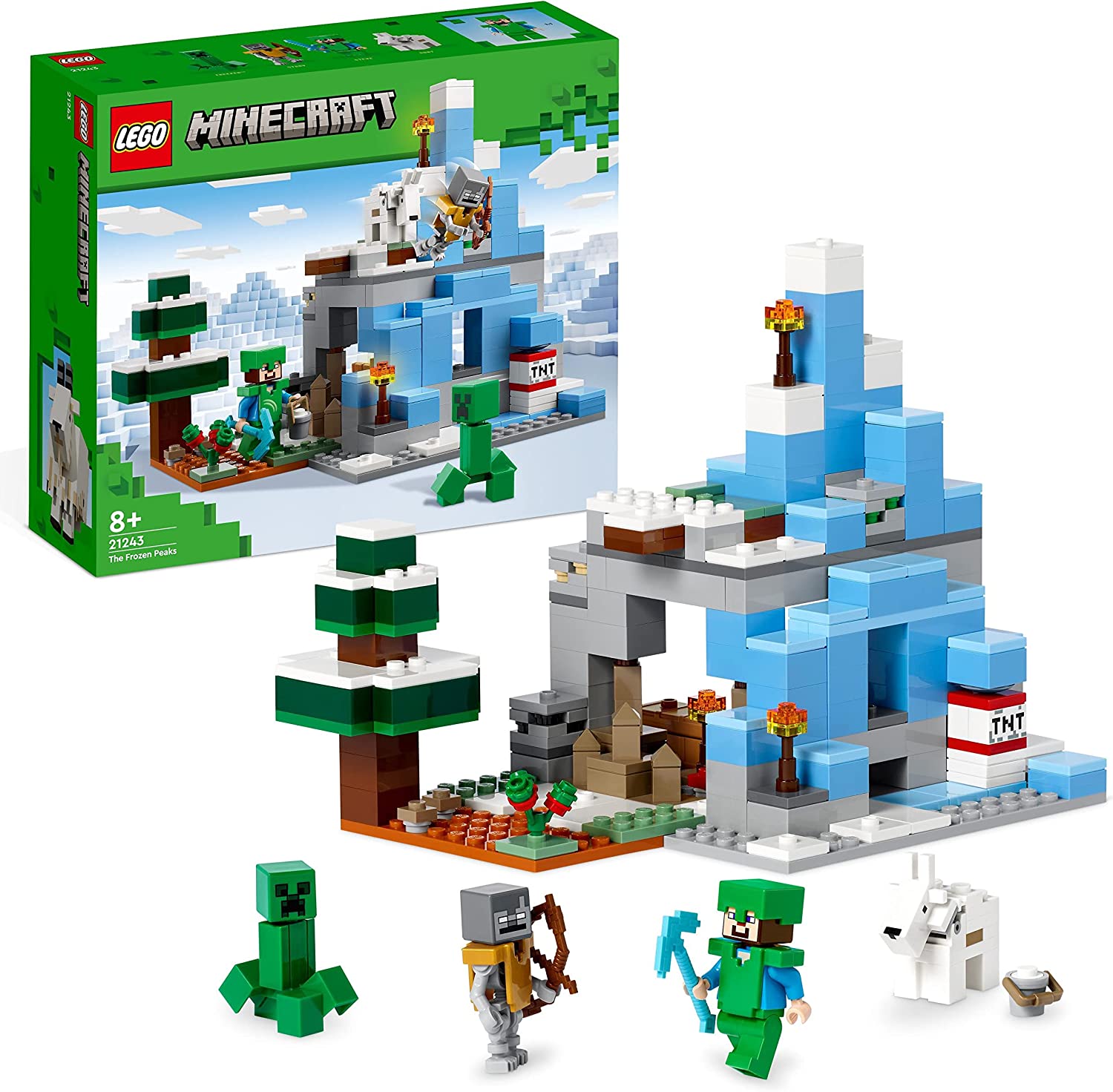 LEGO 21243 Minecraft The Iced Summit Set with Steve, Creeper and Goat Figures, Icy Biom and Cave, Video Game, Toy with Accessories