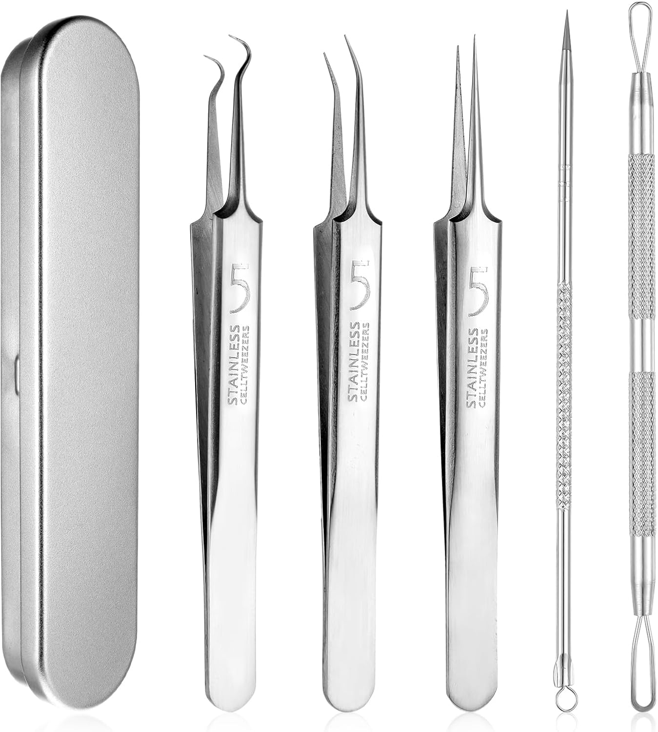 Dimeho Pack of 5 Blackhead Remover Tweezers Clip Set, Comedone Squeezer with Metal Box Blackhead Remover Pimple Squeezing Tool for Nose Eyes Face, Beauty Care Women and Girls