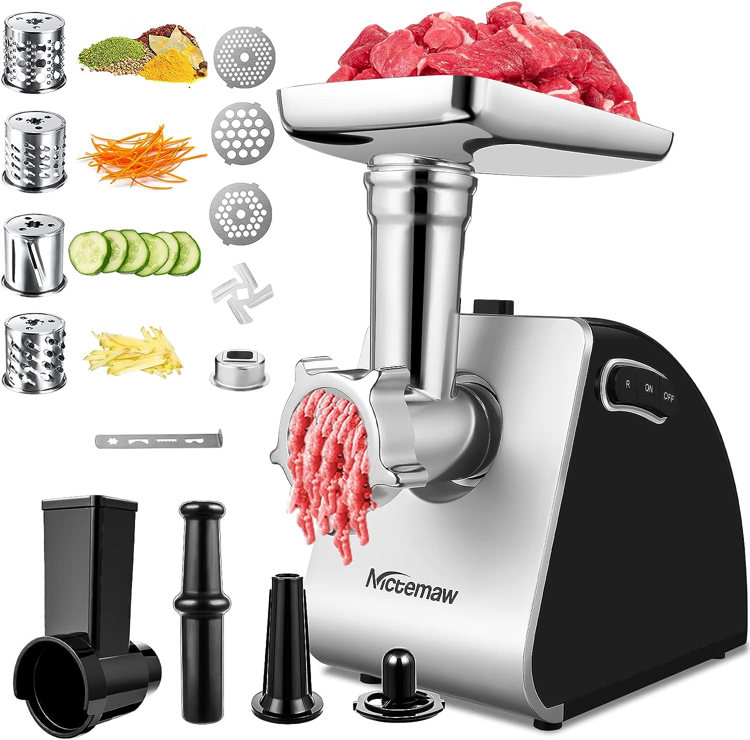 Nictemaw Meat Grinder Electric 2000 W, Sausage Machine and Food Processor in One, with 3 Hole Discs, 4 Cone Blades and Sausage Filler - Ideal for Making Sausage and Minced Meat
