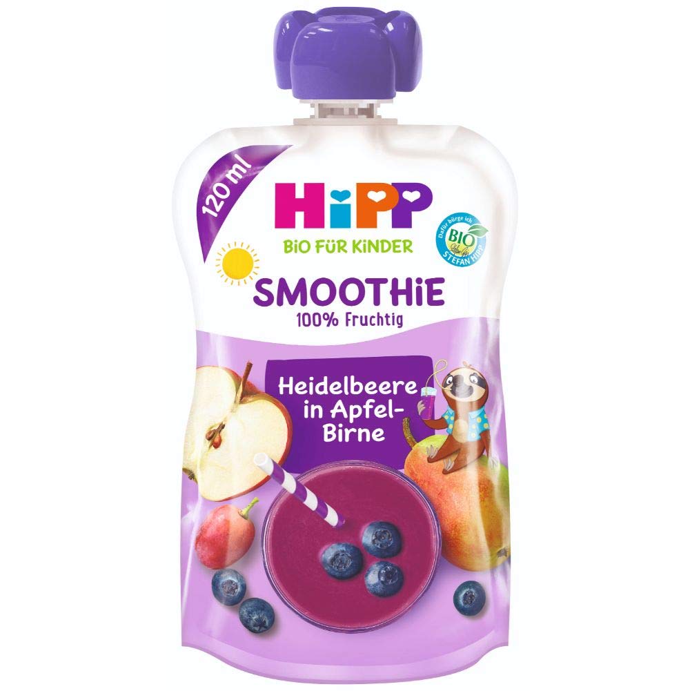 HiPP Smoothie Mix im Quetschbeutel, Heidelbeere in Apfel-Birne, 100% Bio-Früchte ohne Zuckerzusatz, 6 x 120 ml Beutel