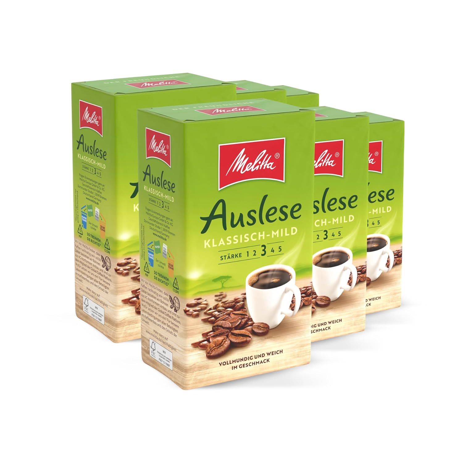 Melitta Auslese Classic Mild Filter Coffee 6 x 500 g, Ground, Powder for Filter Coffee Machines, Medium Roasting, Roasted in Germany, in Tray
