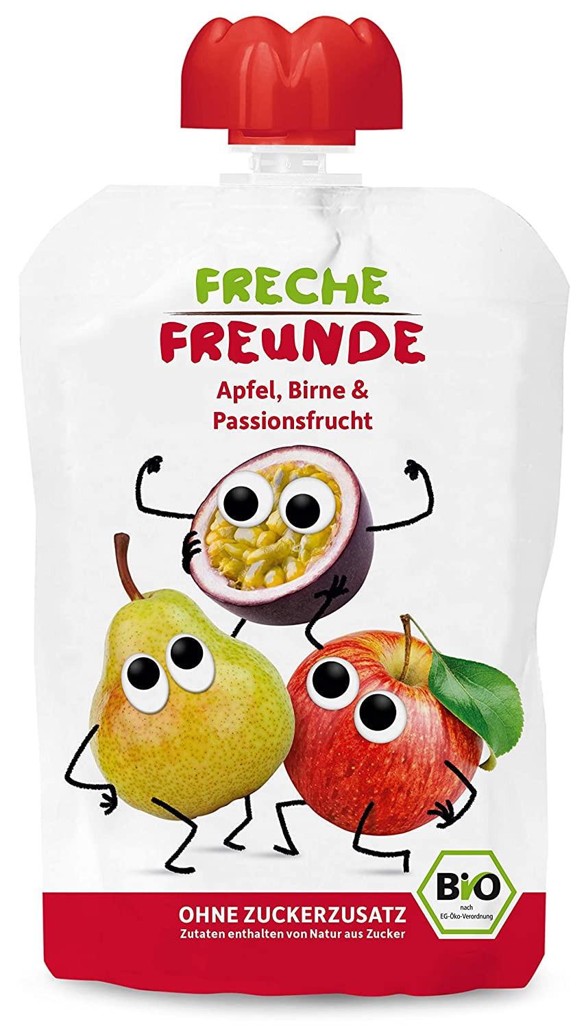 FRECHE FREUNDE Bio Quetschie Apfel, Birne und Passionsfrucht, Fruchtmus im Quetschbeutel für Babys ab 1. Jahr, glutenfrei und vegan, 6er Pack (6 x100 g)