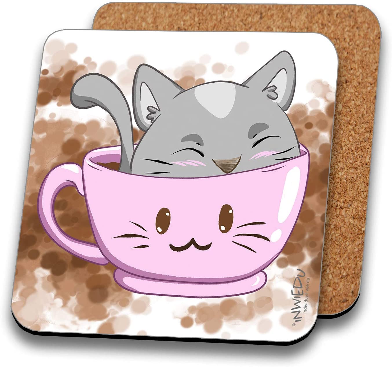 INWIEDU Cat Coaster I Love Coffee MDF with Cork Back Size 95 x 95 x 3 mm