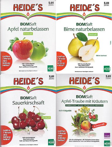 BOMSaft \"Heides- Saftbar\" (1 x Apfel-, 1 x Birnen-, 1 x Sauerkirschsaft naturbelassen, 1 x Apfel-Traubensaft mit Kräutern), 4 x 5 Liter