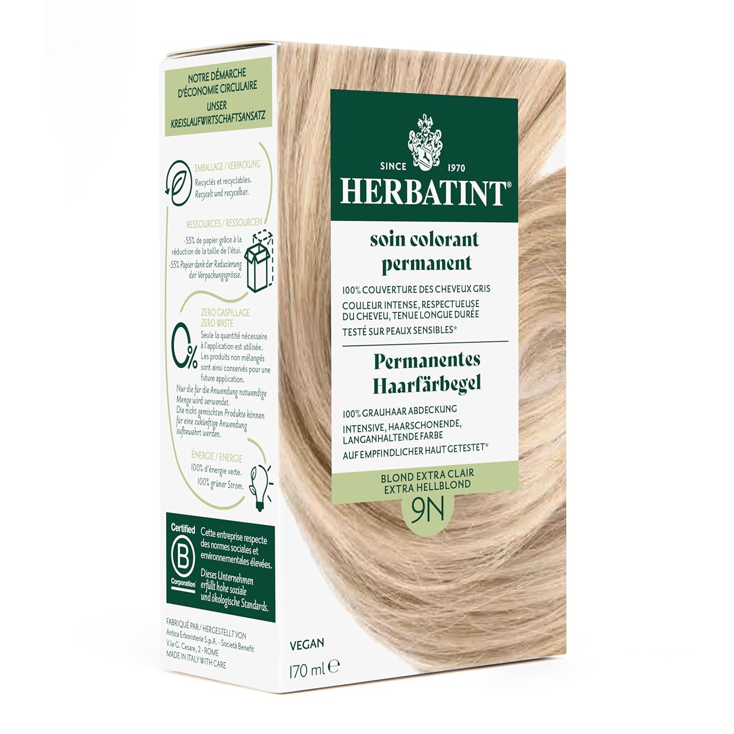 Herbatint Permanent Hair Dye Gel 9N Extra Light Blonde - 170 ml I No Ammonia, Optimal Gray Hair Coverage I Tested for Sensitive Skin with 8 Plant Extracts