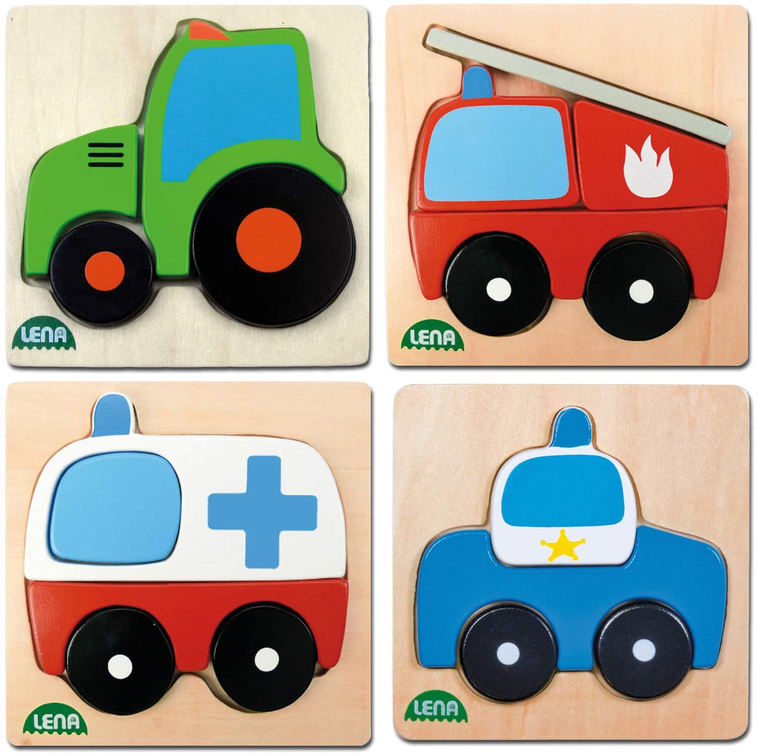 Lena 32080EC Wooden Puzzle Vehicles Set of 4 Different Puzzles Made of Wood 100% FSC Certified 4 Laying Puzzles Each with 4 to 6 Pieces of Puzzle for Toddlers from 18 Months