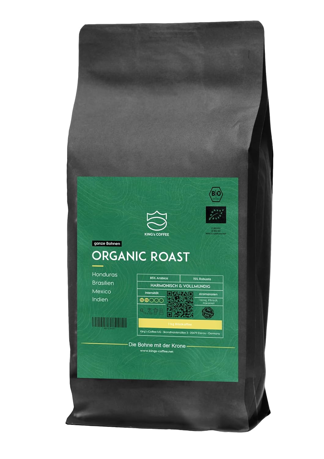 KING\'S COFFEE - ORGANIC ROAST - Full-bodied Organic Arabica-Robusta Espresso Blend - Small Batch Roast from Italy - Whole Coffee Beans for Portafilters & Fully Automatic Machines - 1 kg