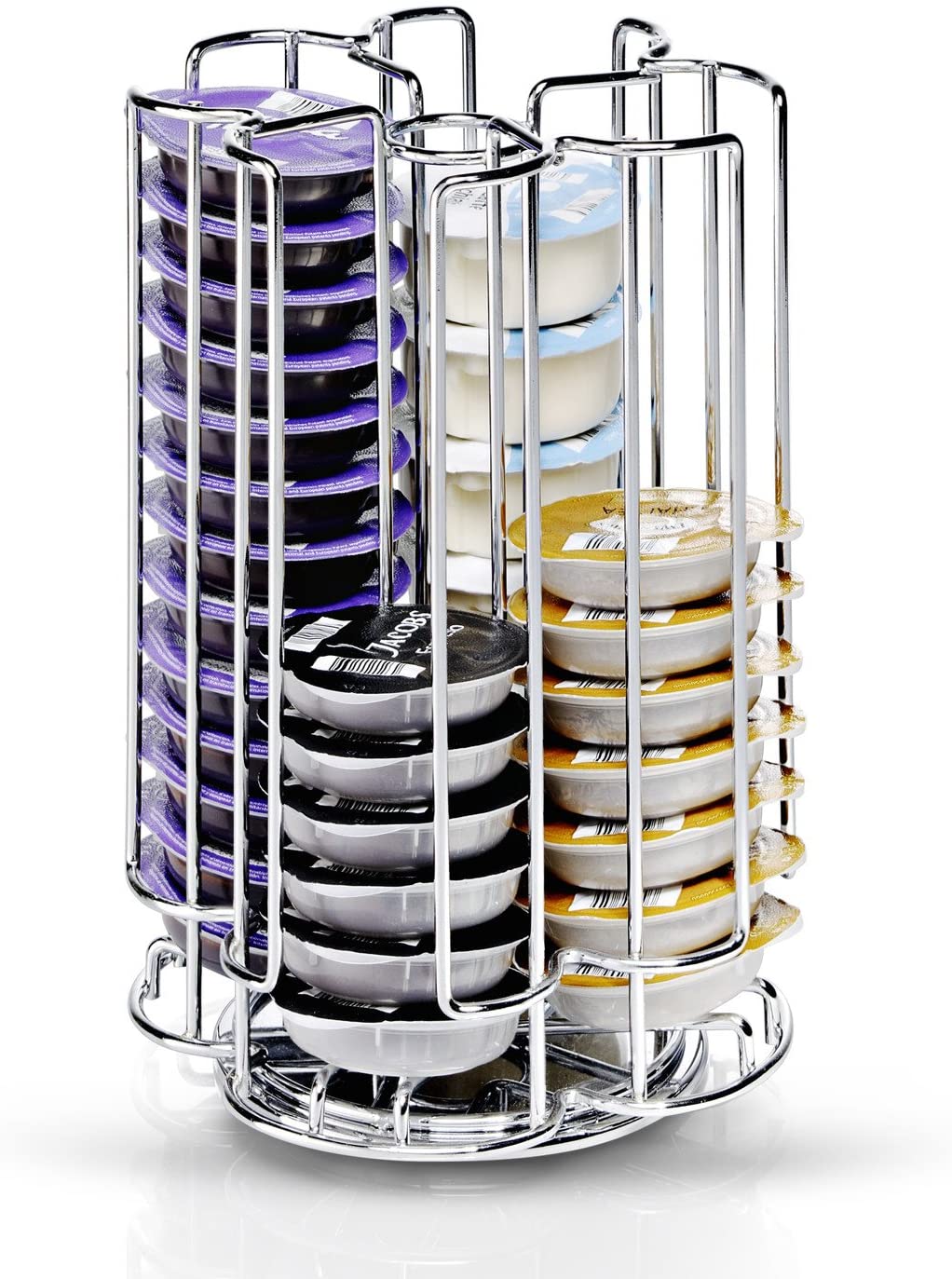 kitchen stars 52 Tassimo T-Disc Capsule Holder Stainless Steel Stand Tower Dispenser with Rotating Base - Stores up to 52 Tasimmo T-Disc Suitable - 360 Degree Rotating Base Allows Easy Selection - Ideal for Storing Latte, Coffee Mocha & Other ods - included. Free chocolate shaker
