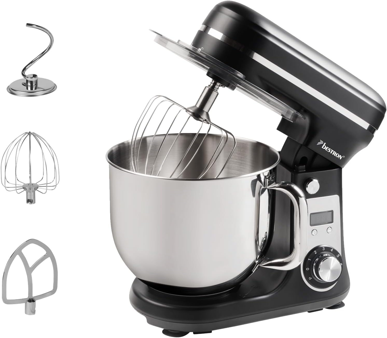 Bestron Super Silent Food Processor (65 db) 4-1 Food Processor with DC Motor, 6 Liter Mixing Bowl, Includes Dough Hook, Whisk and Batter Beater, 6 Speed ​​Levels + Pulse Function, Colour: Black