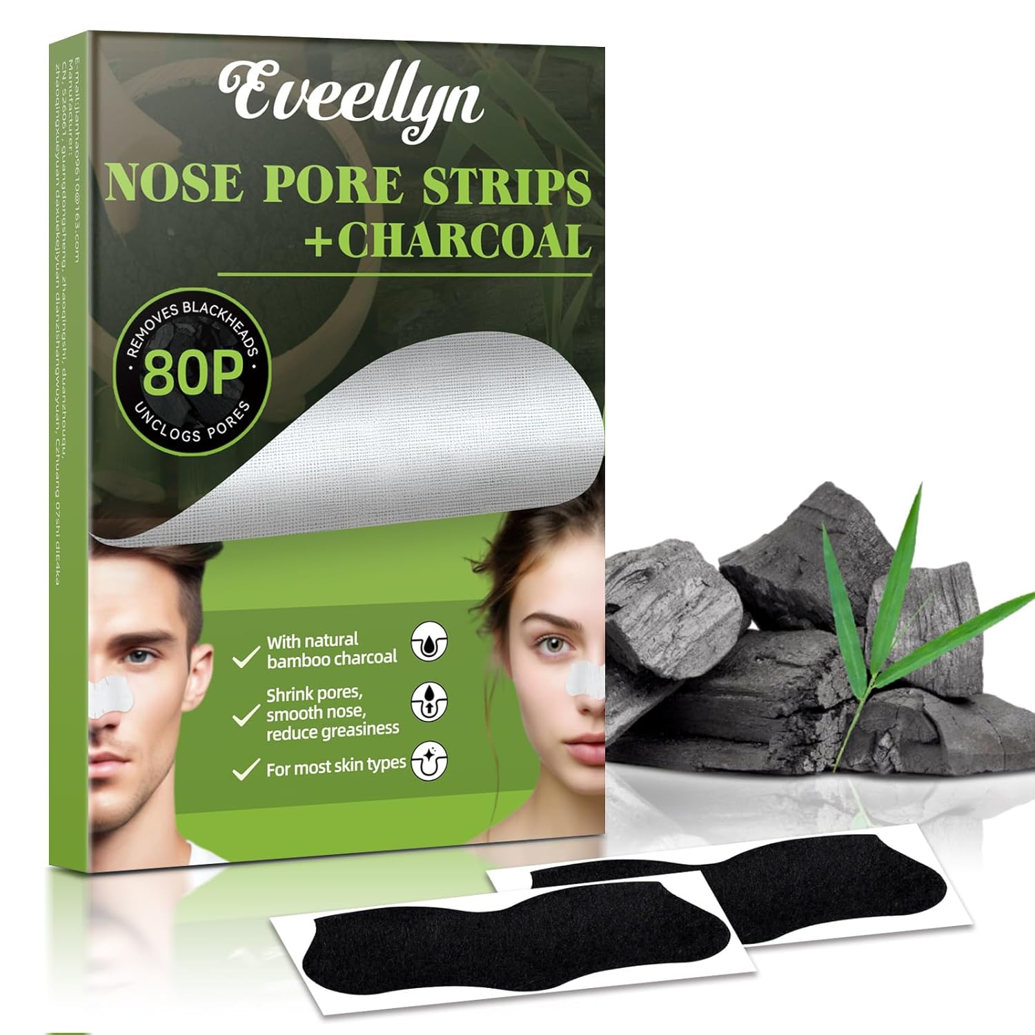 Eveellyn Blackhead Remover Stripes, Pack of 80 Blackhead Remover with Natural Bamboo Charcoal, for Removing Blackheads and Clearing Clogged Pores, for Men and Women