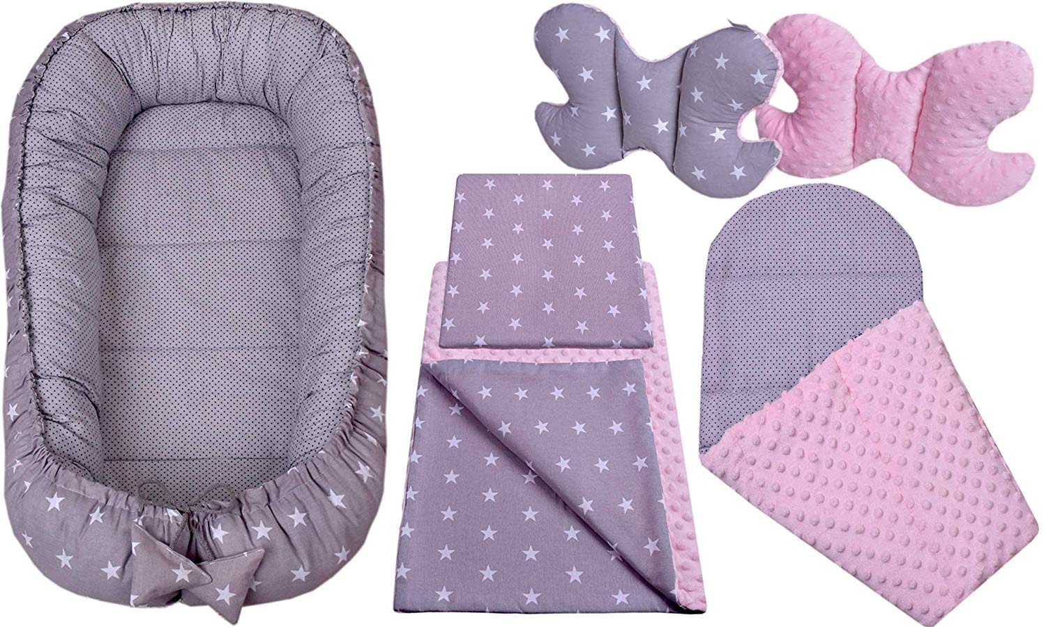 Medi Partners 5-Piece Baby Nest Set, 90 x 50 cm, Removable Insert Bed, Cuddly Nest, Crawling Blanket for Babies, Newborns, 100% Cotton (Grey Stars with Light Pink Minky)