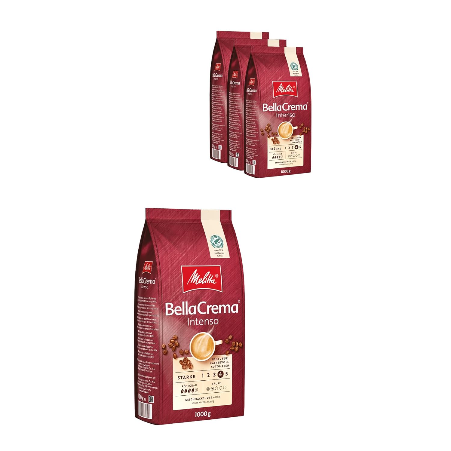 Melitta Bellacrema Intego entire coffee beans 4 x 1kg, uncomfortable, coffee beans for fully automatic coffee machine, strong roasting, roasted in Germany, strength 4, in the tray