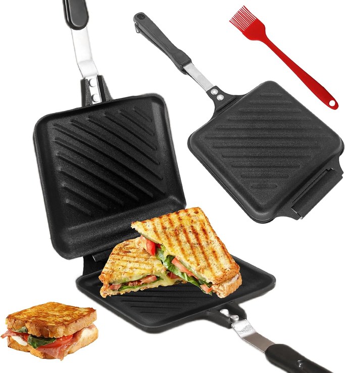 SPORWAY Aluminum Double-Sided Frying Pan: Hot Sandwich Maker Pan, Toast Pan with Heat Resistant Handle, Non-Stick Coating Sandwich Panini Maker for Home, Kitchen, Breakfast (with Oil Brush)