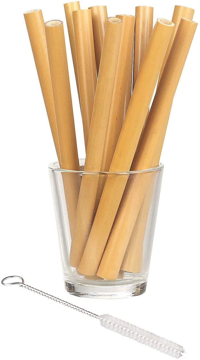 Rosenstein & Söhne Party Supplies - 12 Bamboo Straws 130mm Reusable with Cleaning Brush (Permanent Straw)