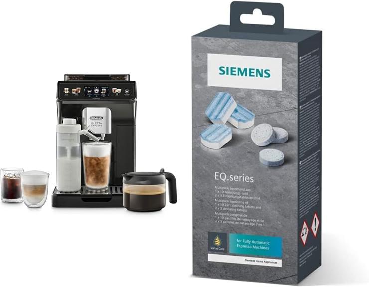 De Longhi De\'Longhi Eletta Explore Cold Brew ECAM452.67.G Fully Automatic Coffee Machine with LatteCrema Milk System & Siemens Multipack TZ80003A, Contents: 1 x 10 Cleaning Tablets (2.2 g each)
