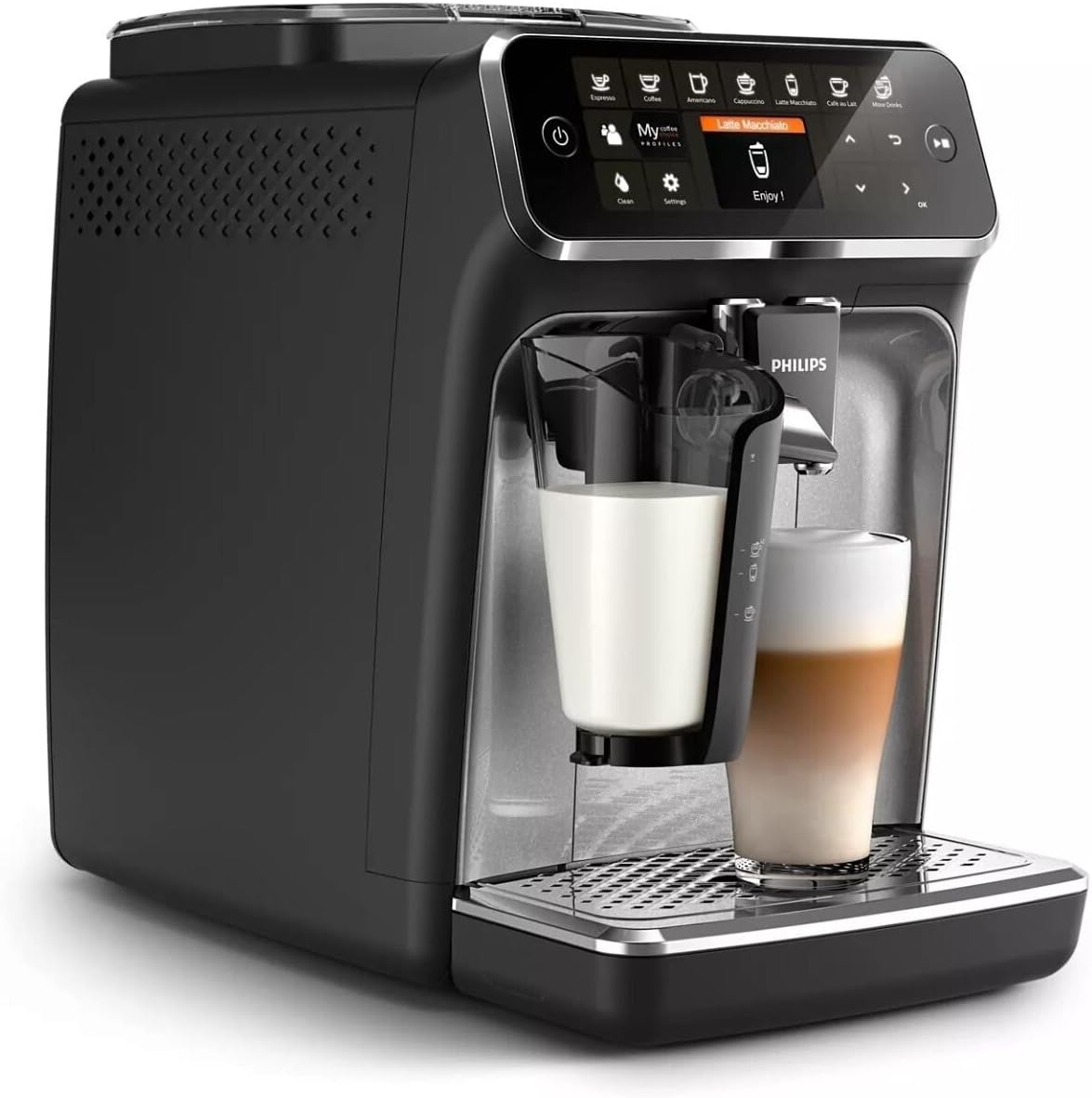 Philips Espresso machine Series 4300 - 5 Coffee Specialities - Classic milk frother - Intuitive touch display - 2 Usage profiles - 1.8 l Water tank - 275 g Bean tank - EP4321/50