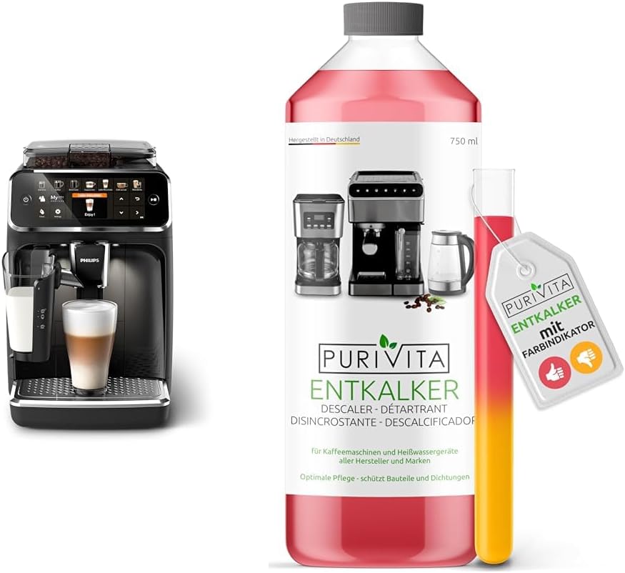 Philips Series 5400 Fully Automatic Coffee Machine - LatteGo Milk System & Purivita - Universal Descaler 750 ml for Fully Automatic Coffee Machines - Suitable for All Known Brands, 1 Bottle