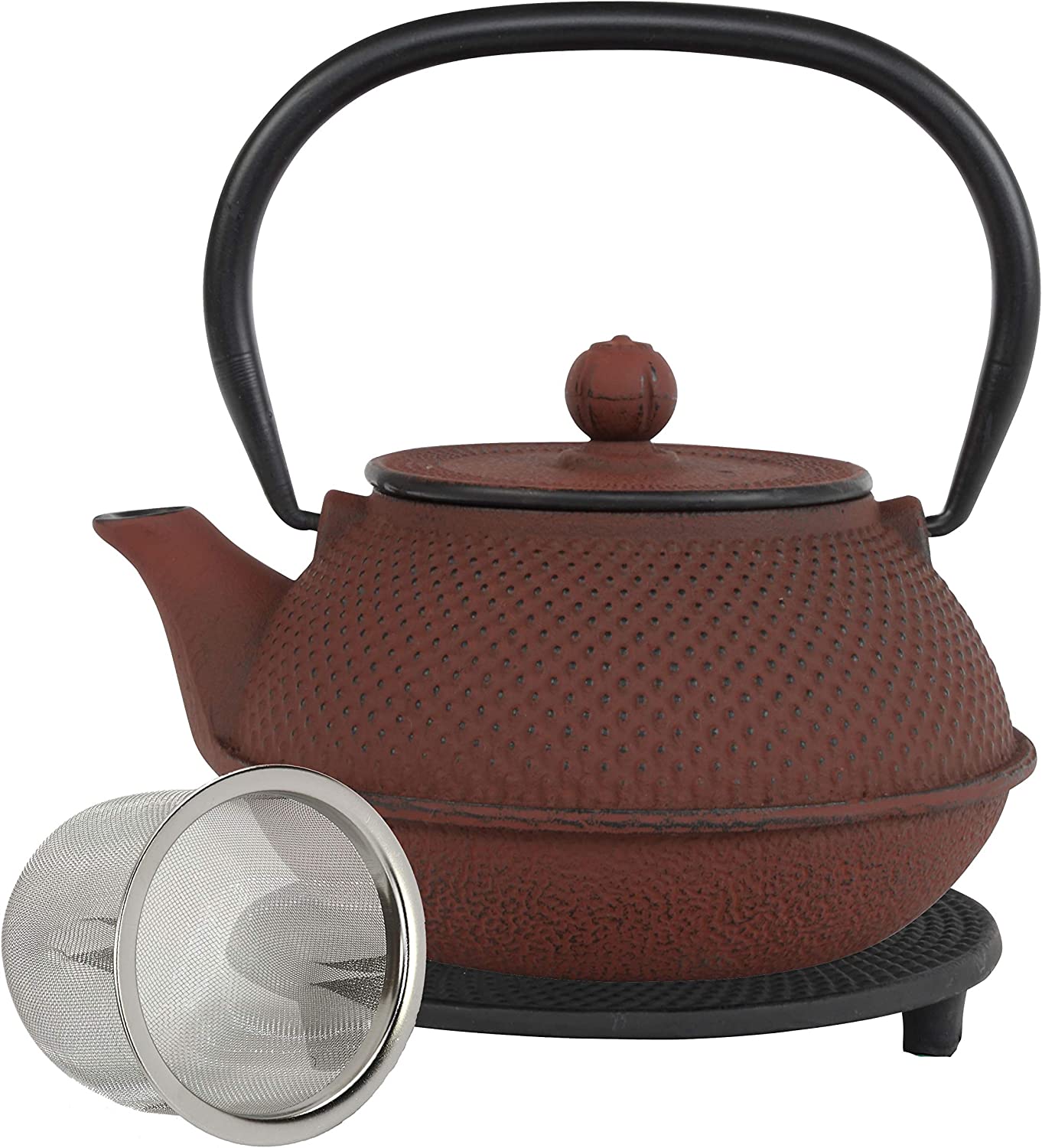 teeblume Cast Iron Teapot Arare Cast Iron Teapot with Strainer Includes Free Coaster in Black Teapot Fully Enamelled Inside Red 900 ml