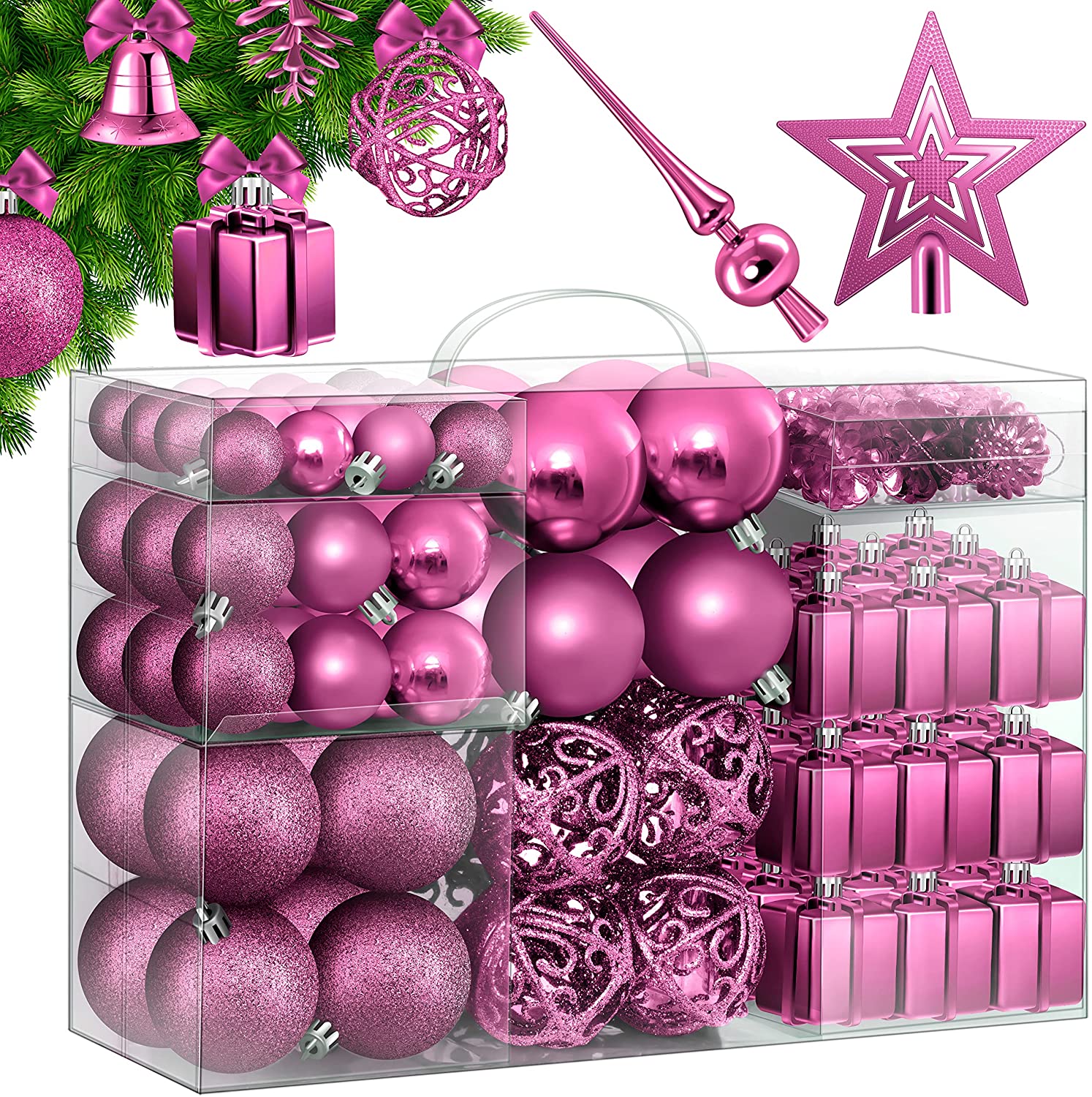 KESSER® Christmas Baubles Set of 102 Pink with Tree Topper Christmas Tree B