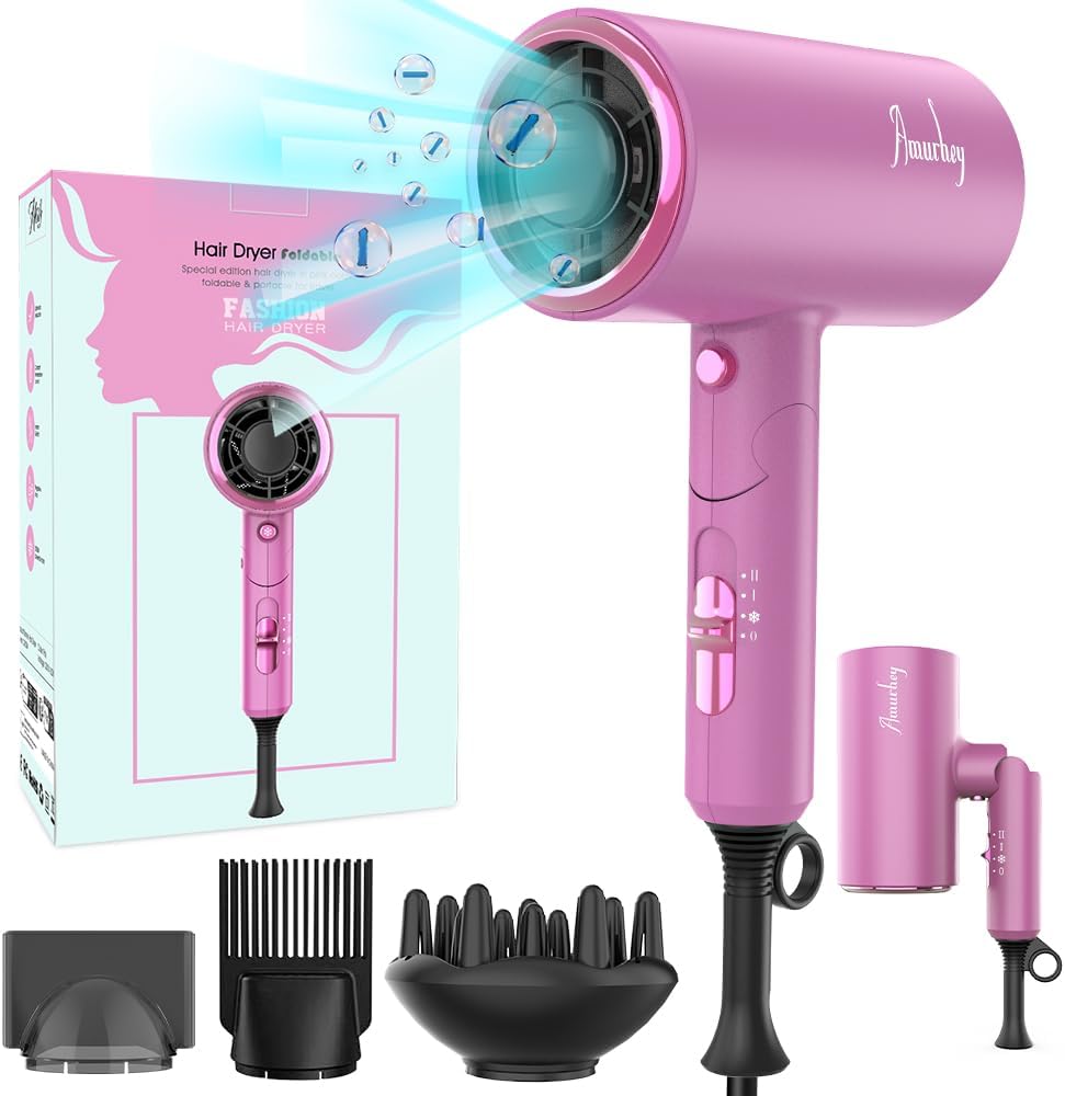 Hair Dryer Ion Hair Dryer 2200 W AC Motor, Travel Hair Dryer Folding Handle, Quick Drying Travel Hair Dryer with Hot/Cold Button, 3 Temperatures / 2 Speeds, Hair Dryer for Many Hairstyles
