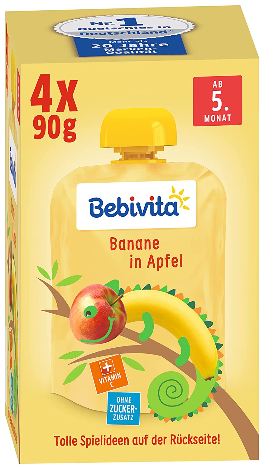 Bebivita Baby Quetschbeutel Banane in Apfel, 4er Pack ( 4 x 4 x 90g)