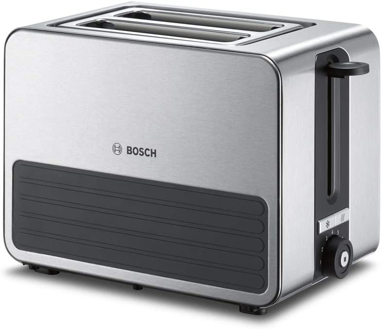 Bosch TAT7S25 Compact Toaster, Integrated Stainless Steel Bun Attachment, with Automatic Shut-Off, with Defrosting Function, Ideal for 2 Slices of Toast, Wide, Lift Function, 1050 W, Stainless Steel/Grey