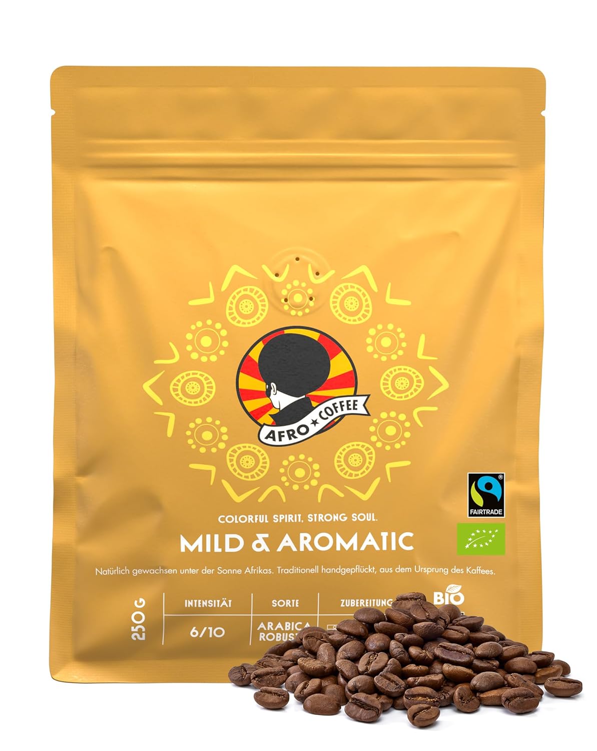 AFRO COFFEE Mild & Aromatic I 250 g Premium Organic Coffee Beans Fairtrade I Arabica & Robusta Coffee Whole Beans I Bean Coffee from East Africa with Floral Note I Hand Picked, Medium Roasted, Low