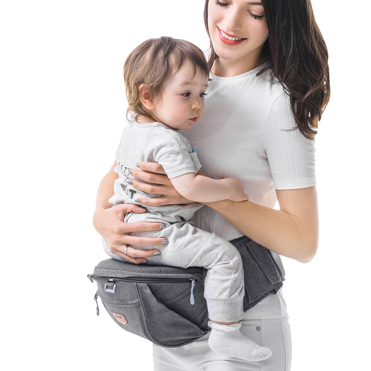 Ergonomic baby carrier, Sunveno baby hip seat, baby hip seat with adjustable strap and bag, baby hip stool, practical baby front carrier for 0-20 kg baby grey