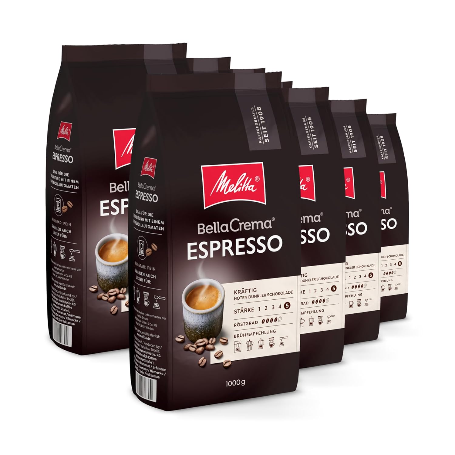 Melitta Coffee BellaCrema Espresso, Whole Beans, Pack of 8, 8 x 1000g