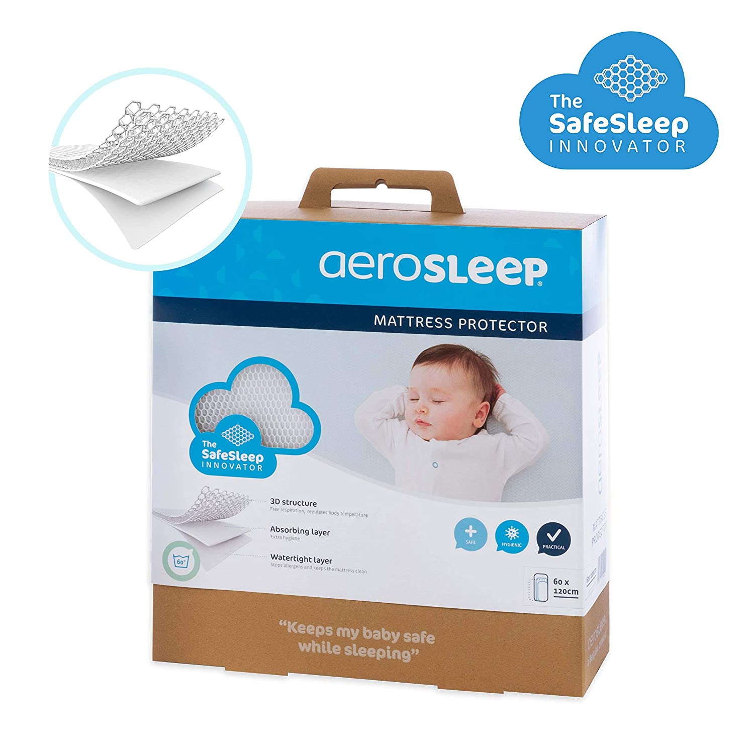Aerosleep - SafeSleep 3D cot protector - free breathing - heat regulation - mattress protector - anti-allergenic - 100% PES - 117 x 68 cm - white