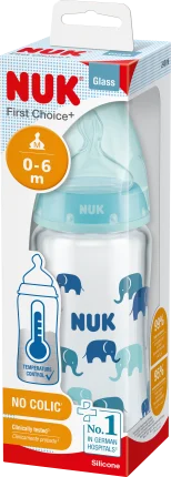 NUK Baby bottle made of glass First Choice Temp. Control, Gr. 1M, blue, 240 ml,