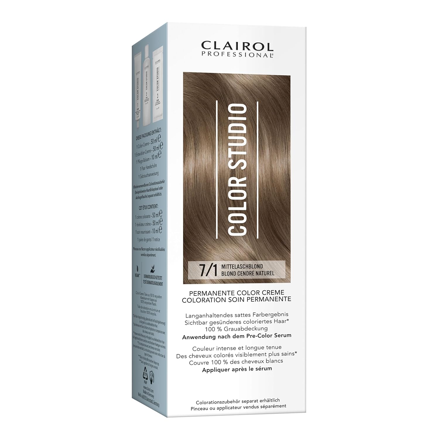 Clairol Professional Color Studio Permanent Hair Color Medium Ash Blonde 7/1 (110ml) - With Metal Purifier for 6x Less Breakage, 10 Weeks Rich Color Result & 100% Gray Coverage - Includes Hair