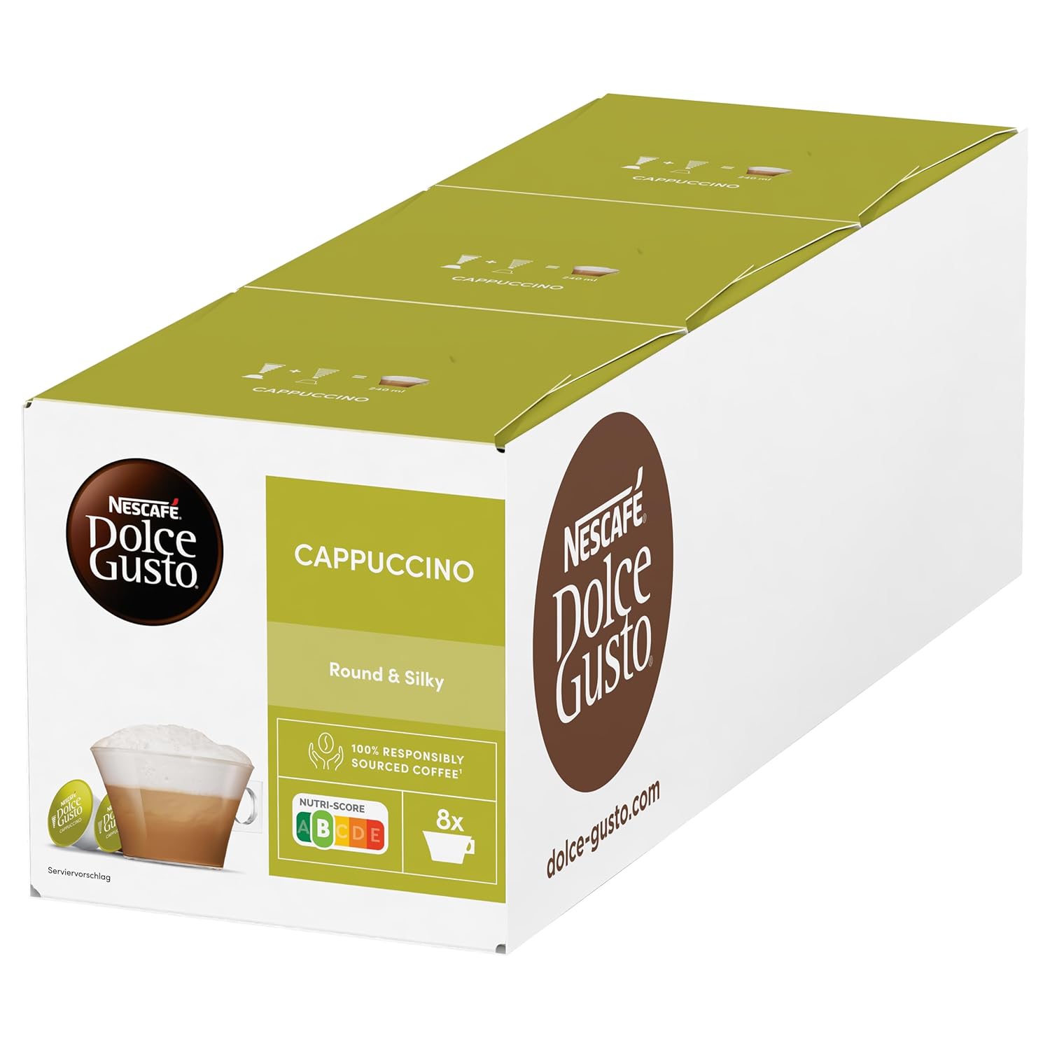 NESCAFÉ Dolce Gusto Cappuccino / 48 coffee capsules / Arabica and Robusta beans / Full-bodied coffee and fluffy milk foam / Aroma-sealed capsules / 3-pack (3 x 16 capsules)