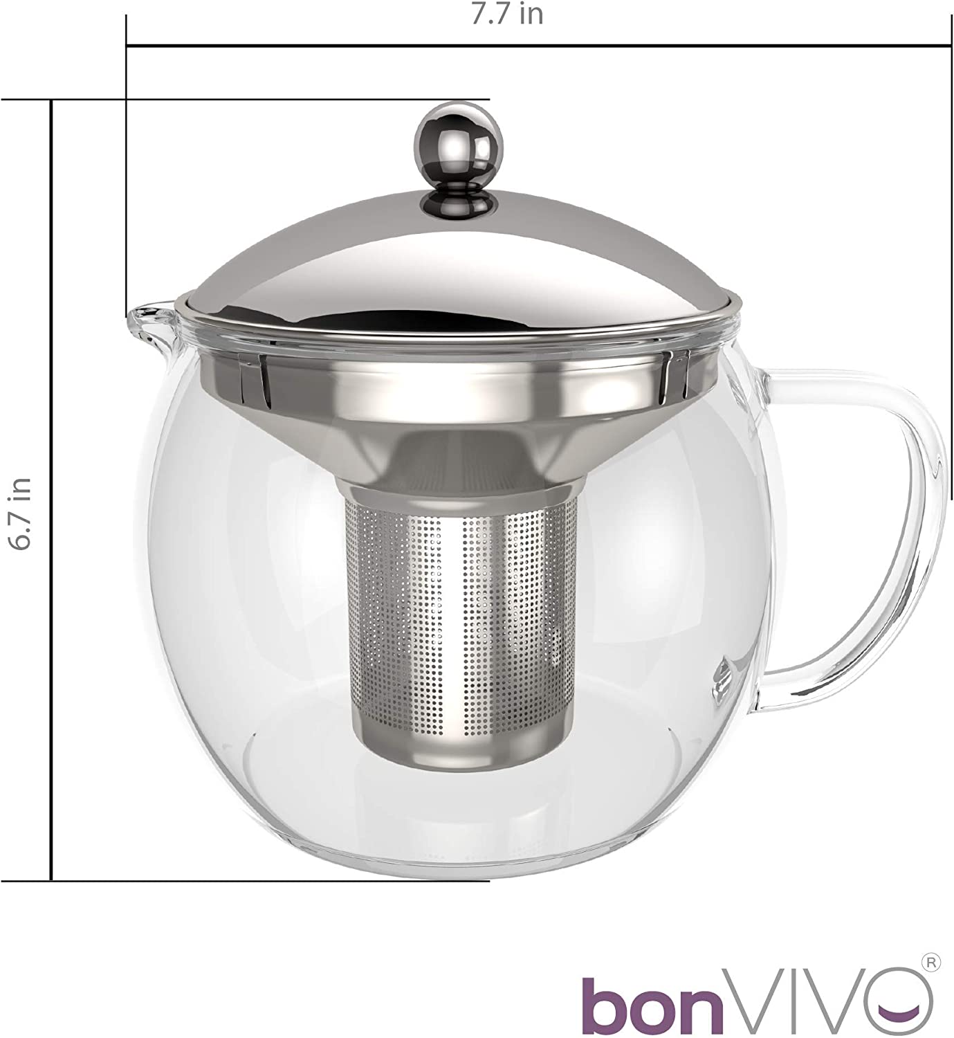 bonVIVO Teapot Tempa Tea Maker with Removable Stainless Steel Strainer, Glass Jug Made of Borosilicate Glass, Heat Resistant, Glass Teapot with Lid in Silver Chrome Look, Tea Infuser, 1500 ml, Silver