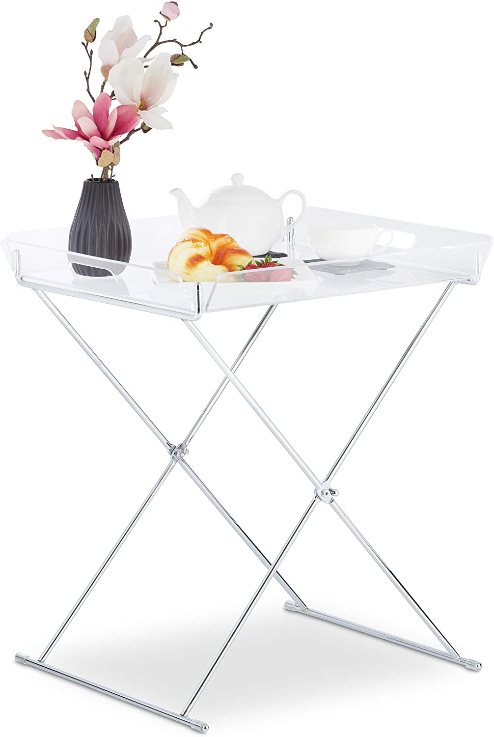 Relaxdays Folding Tray, Removable Acrylic Tray, Standing Tray with Metal Frame, 57 x 52 x 47.5 cm, Silver