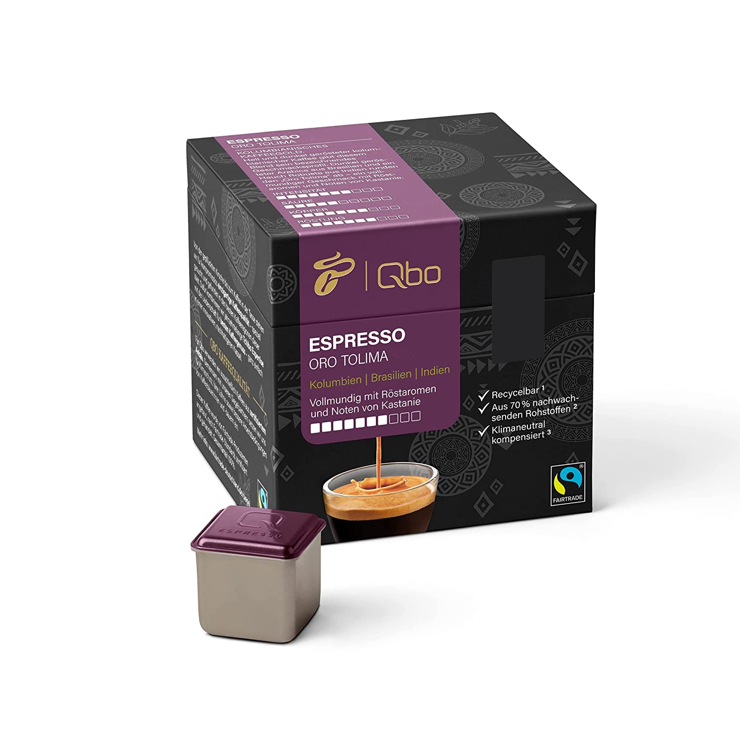 Tchibo qbo Espresso Oro Tolima Premium Coffee capsules, 27 pieces (espresso, intensity 7/10, full -bodied with roasted aromas), sustainable, from 70% renewable raw materials & climate -neutral