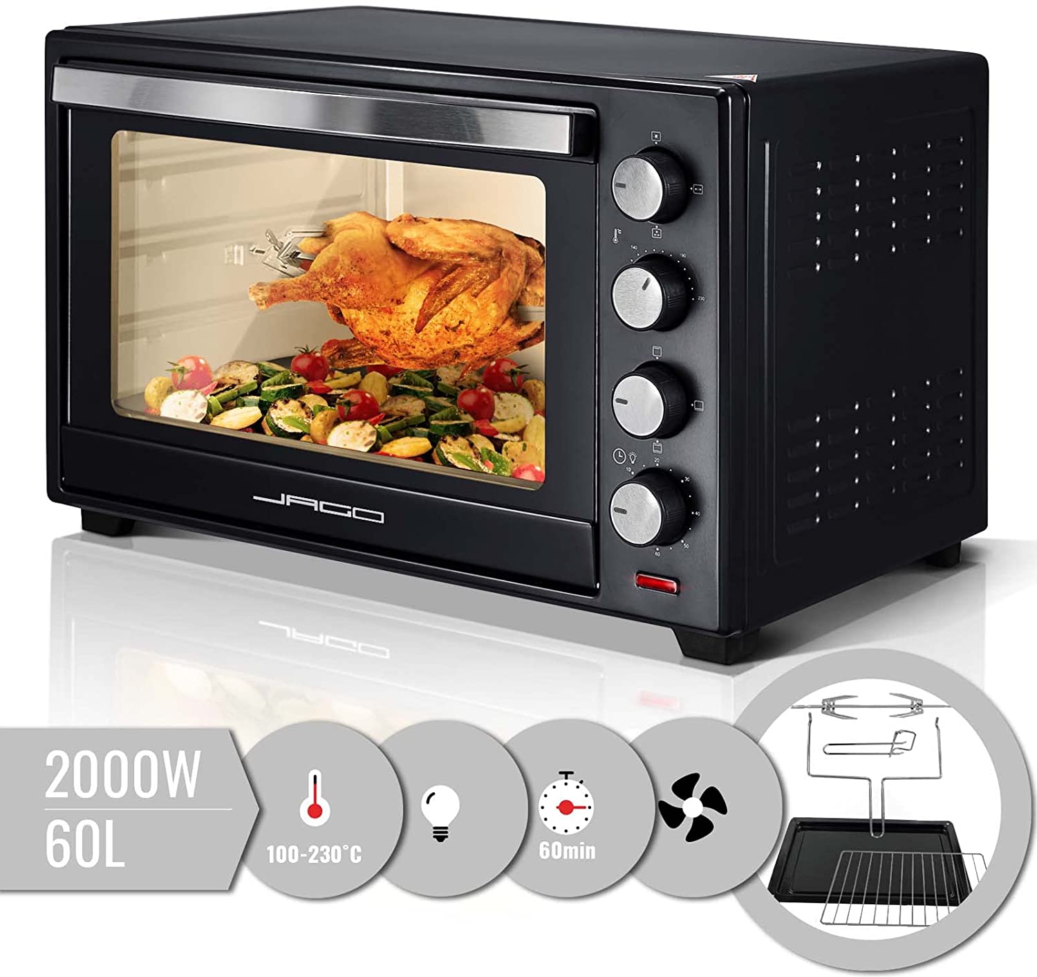 Jago® Mini Oven with Recirculation - Interior Lighting, Electric, Double Glass Door, Timer, 100-230°, 2000W, 60L, 5 Heat Types, Rotisserie Spit, Black - Mini Oven, Mini Kitchen, Barbecue, Pizza Oven